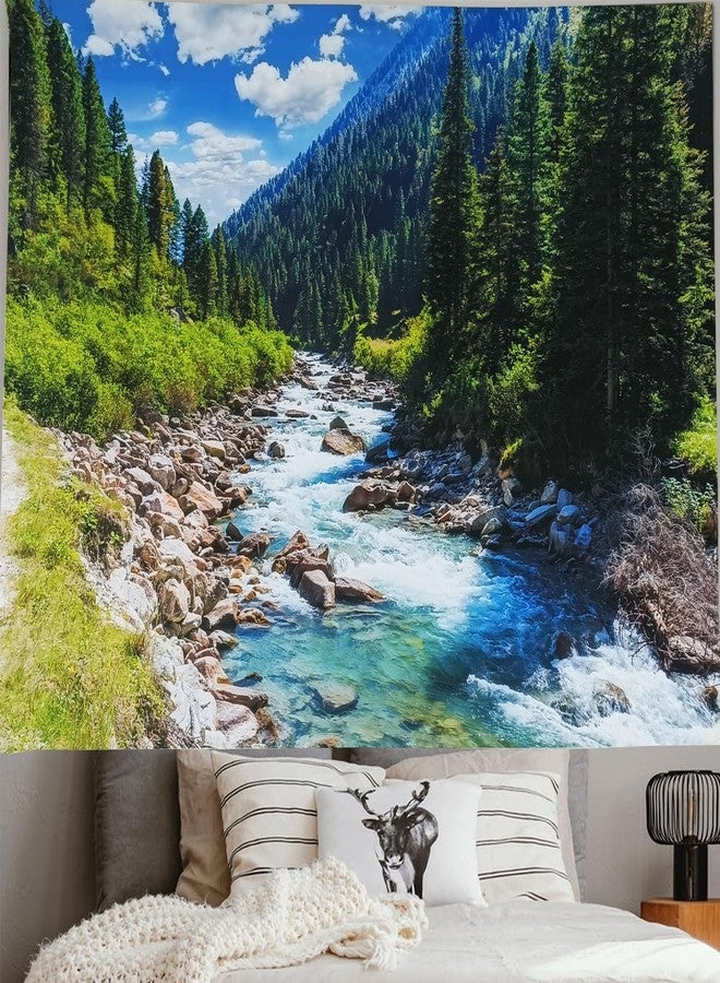 TUGCAY Nature Forest Mountain Tapestry Green Pine Tree Stream Tapestry White Clouds Flowing River Valley Landscape Scenery Tapestries Wall Hanging for Bedroom Dorm Living Room Office Classroom 60 x 40 Inch - Image 2